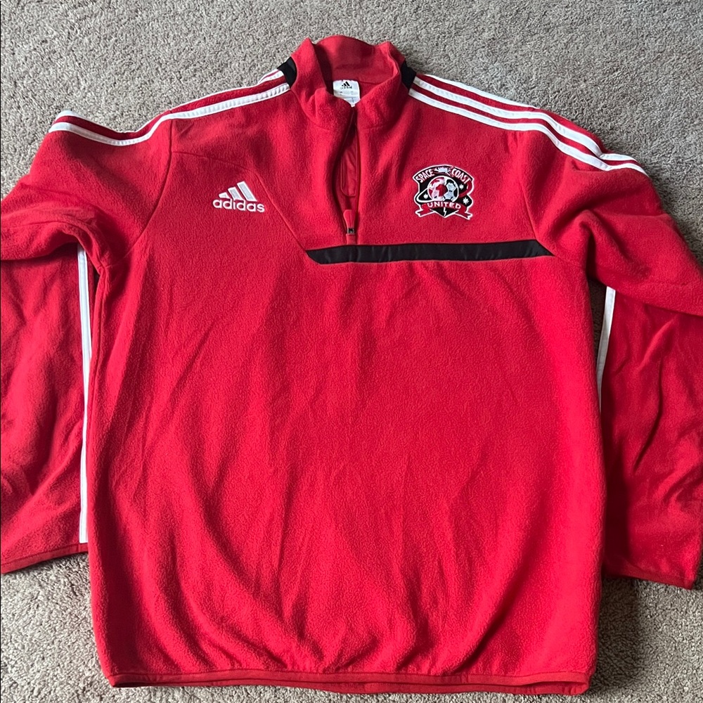 Adidas Red Fleece Pullover with White Stripes